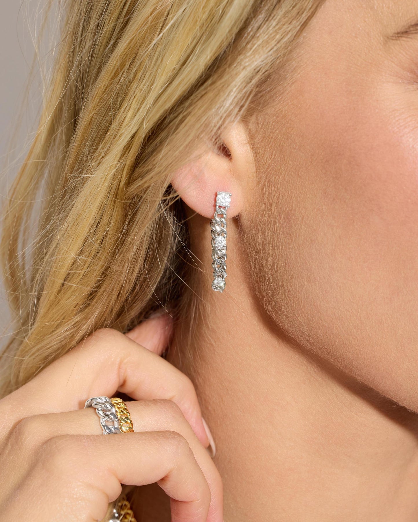 Julian Triple Diamond Soft Chain Hoops - Gold|White Diamondettes