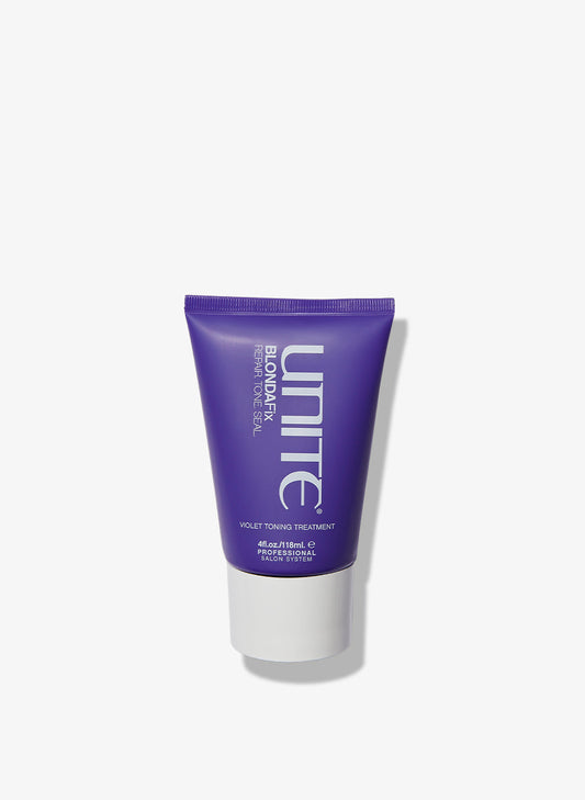 Purple tube of UNITE Hair Blondafix Repair To Seal Violet Toning Treatment, 4 fl oz, professional salon system product.
