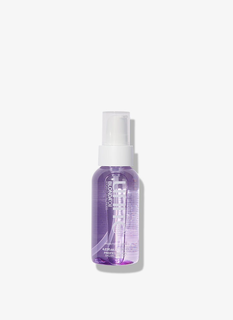 Purple dispenser bottle of UNITE Hair BLONDA Oil. 