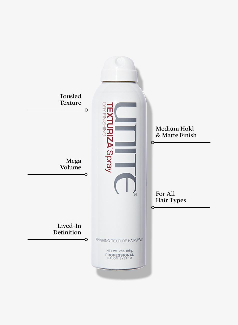 Bottle of texturizing spray hair product highlighting tousled texture, volume, and medium hold benefits.