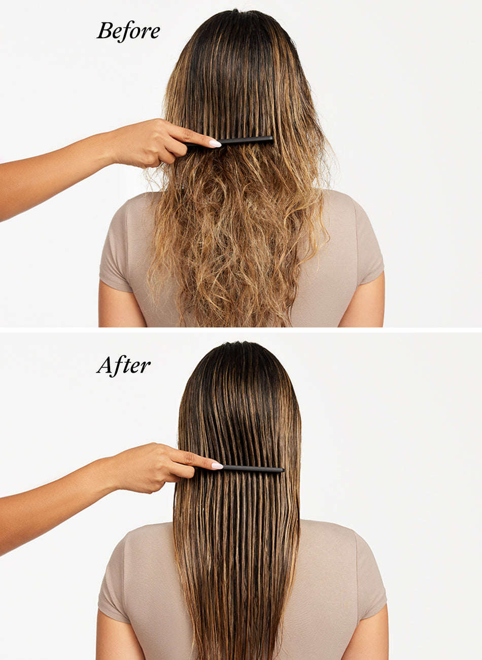 Before and after comparison of hair treated with UNITE Hair 7SECONDS Detangler, showing transformation from frizzy and tangled to smooth, shiny, and straight hair.