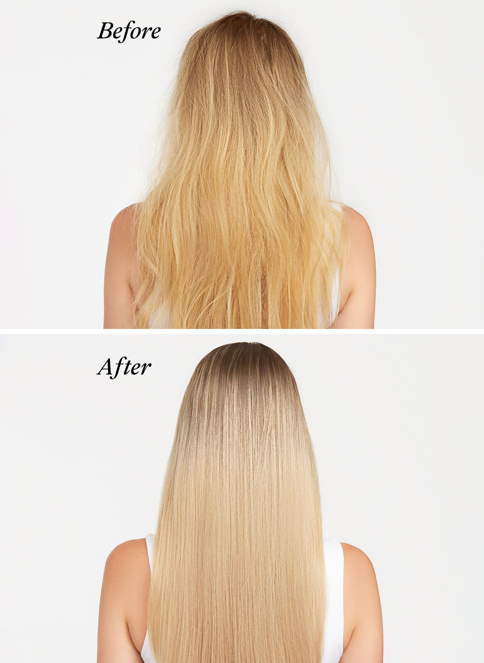 Before and after results of using violet shampoo on blonde hair.