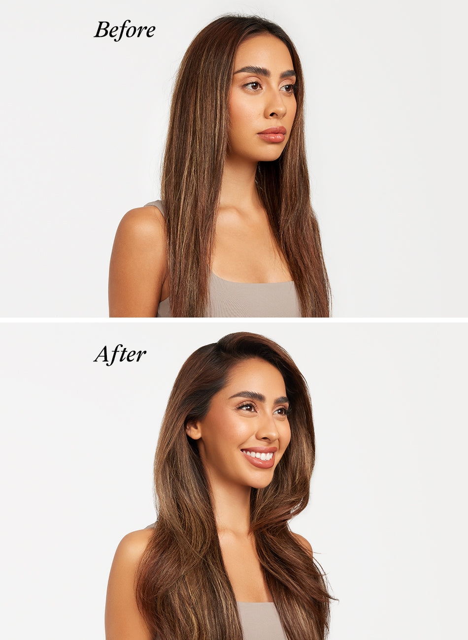 Before and after results showing added volume and fullness to brown hair using volumizing spray.