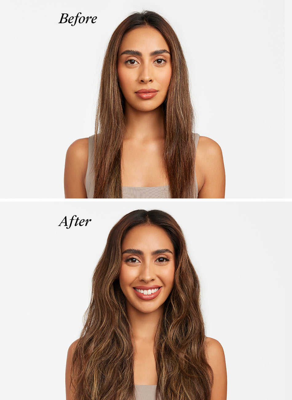 Before and after results of using texturizing spray hair product on long brown hair.