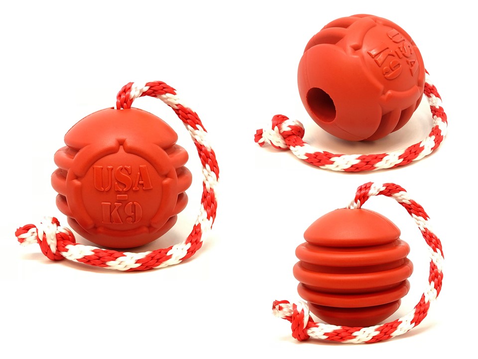 USA-K9 Stars and Stripes Ultra-Durable Durable Rubber Chew Toy, Reward Toy, Tug Toy, and Retrieving Toy - Red